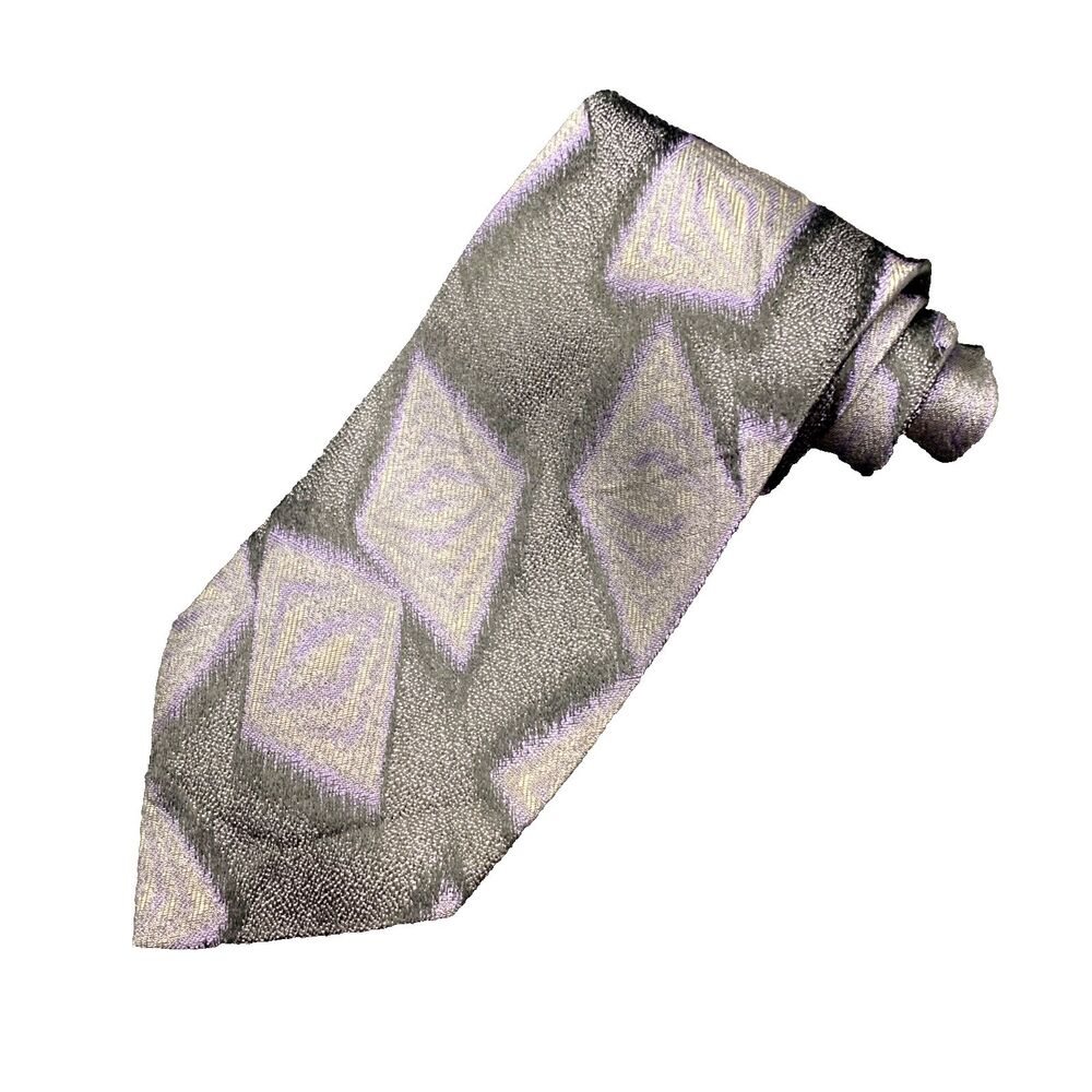 Vtg 80s Bachrach Silk Neck Tie Textured Long Gray Purple Abstract Made In Italy
